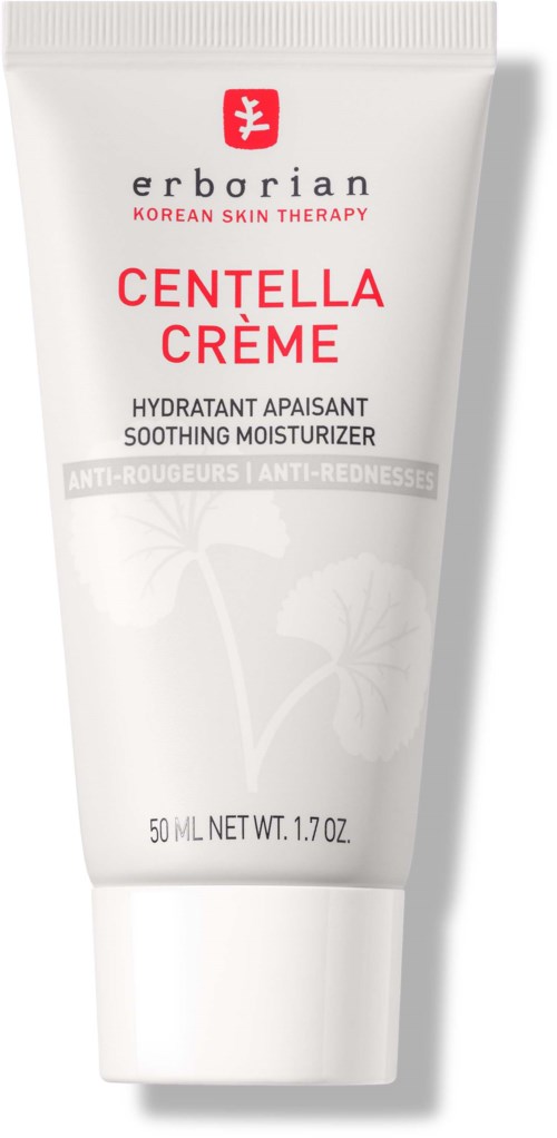 A white tube of Erborian Centella Crème with red and black text, and a faint floral background. Designed for soothing skin.