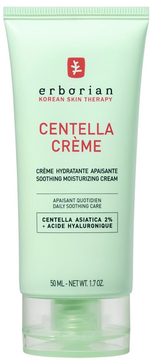 A green tube labeled Erborian Centella Creme for soothing and hydrating skin, contains Asian centella and hyaluronic acid.