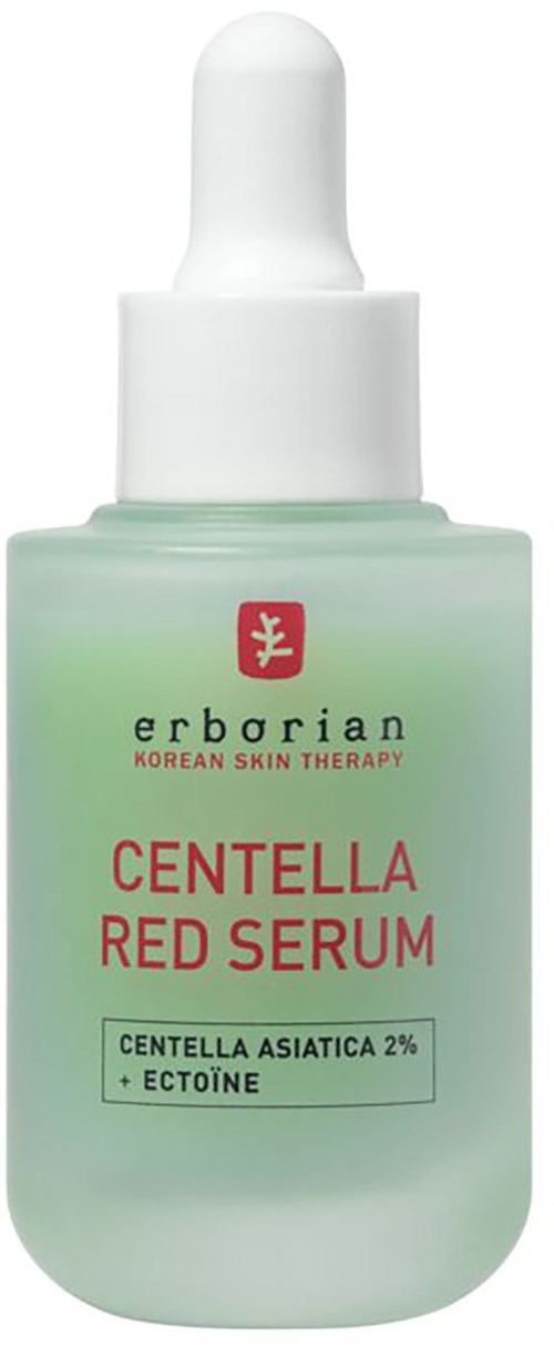 Eine grüne und weiße Flasche mit dem Label Erborian Centella Red Serum, mit Tropfaufsatz für Hautpflege. Enthält Centella asiatica.