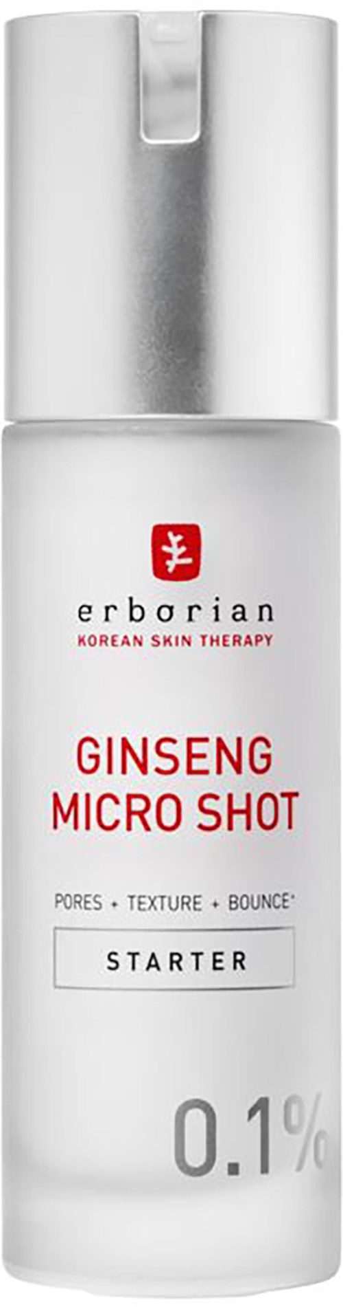 Eine weiße Flasche mit silberner Kappe, gekennzeichnet als Ginseng Micro Shot für Hautpflege, mit roten und schwarzen Text, 0,1 % Konzentration.