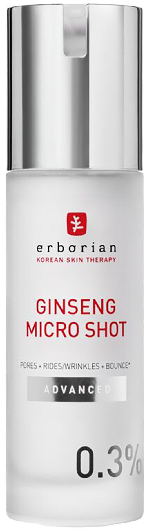 Eine weiße Flasche mit silberner Kappe, gekennzeichnet als Ginseng Micro Shot für Hautpflege, 0,3% Konzentration.