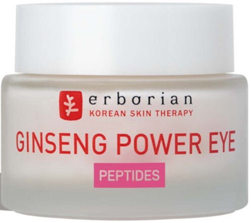 Pieni purkki merkityllä 'Ginseng Power Eye' punaisella ja vaaleanpunaisella tekstillä, ja logo yrttihoitotuotteisiin.