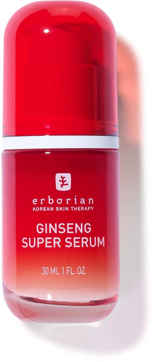 Eine rote Flasche mit Erborian Ginseng Super Serum, weißem Etikett und rotem Deckel.