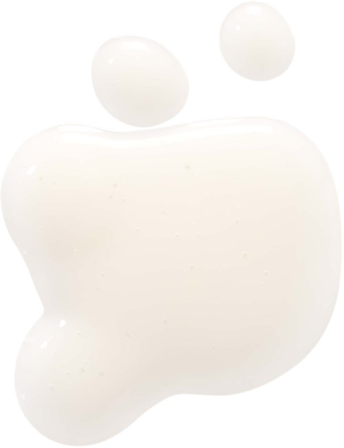 Ein weißer Flüssigkeitstropfen mit zwei kleineren Tropfen darüber, ähnelt einem Spritzer oder Verschüttung.
