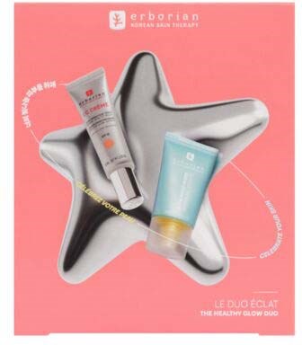 Two beauty products in tubes are placed on a silver star-shaped tray with pink background. Text describes branding and product details.
