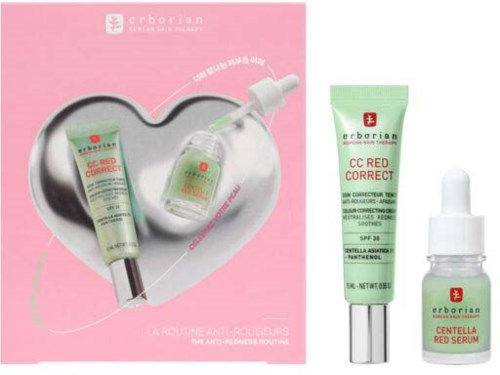 Set includes green tube of CC Red Correct and a serum in a dropper bottle, displayed on a pink background.