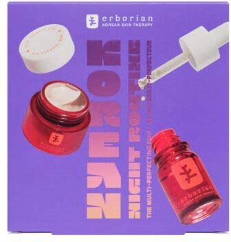A purple box with a Korean skincare product, showing a cream jar, a dropper bottle, and the product packaging.