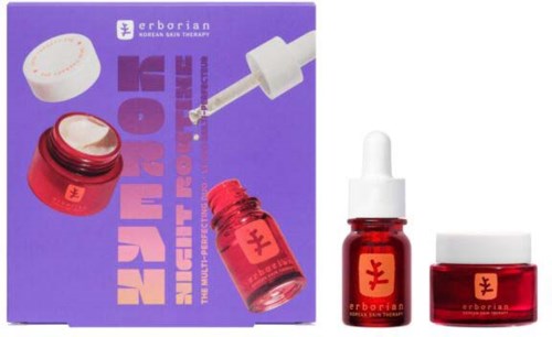 Red skincare products with a dropper, jar, and box, featuring purple and red packaging for Erborian.
