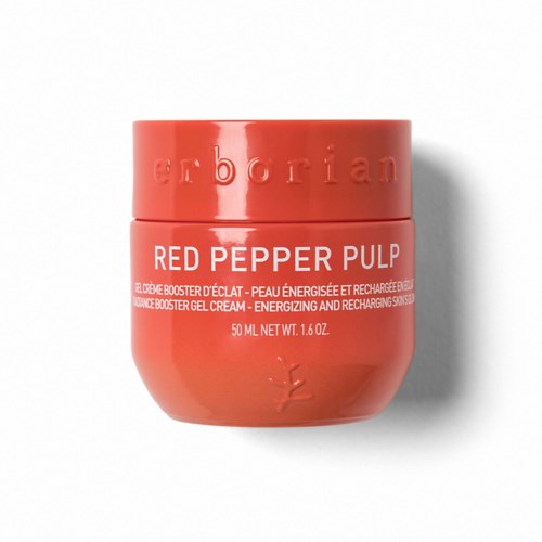 Ein roter Behälter mit einem Etikett, auf dem 'Red Pepper Pulp' steht, und kleinerem Text darunter.