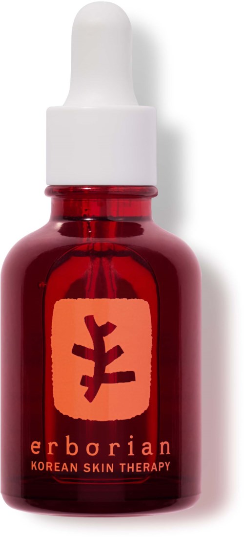 Kleine rote Flasche mit Pipettenkappe, gekennzeichnet 'erborian Korean Skin Therapy' für Hautpflege.