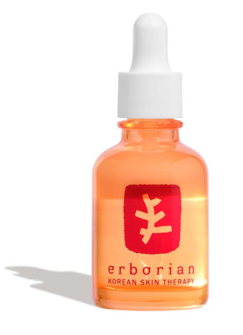 Liten oransje flaske med hvit dråpehettelokk, merket 'erborian Korean Skin Therapy' med et rødt symbol.