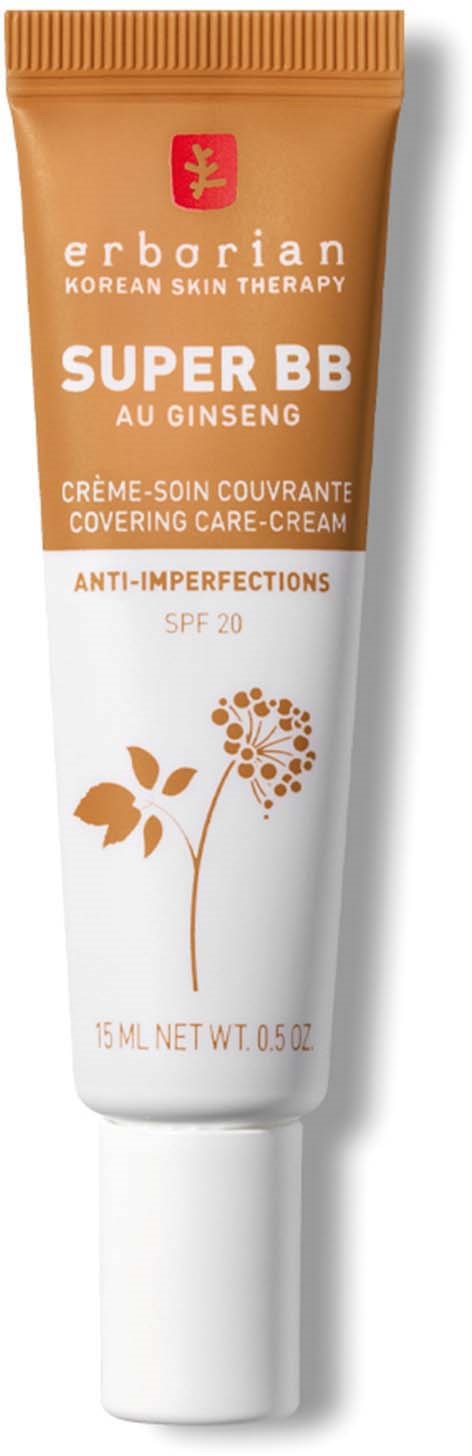 Beige- ja valkoiset putkilot Erborian Super BB -kreemillä, ginseng, SPF 20, ja kukk_logo.