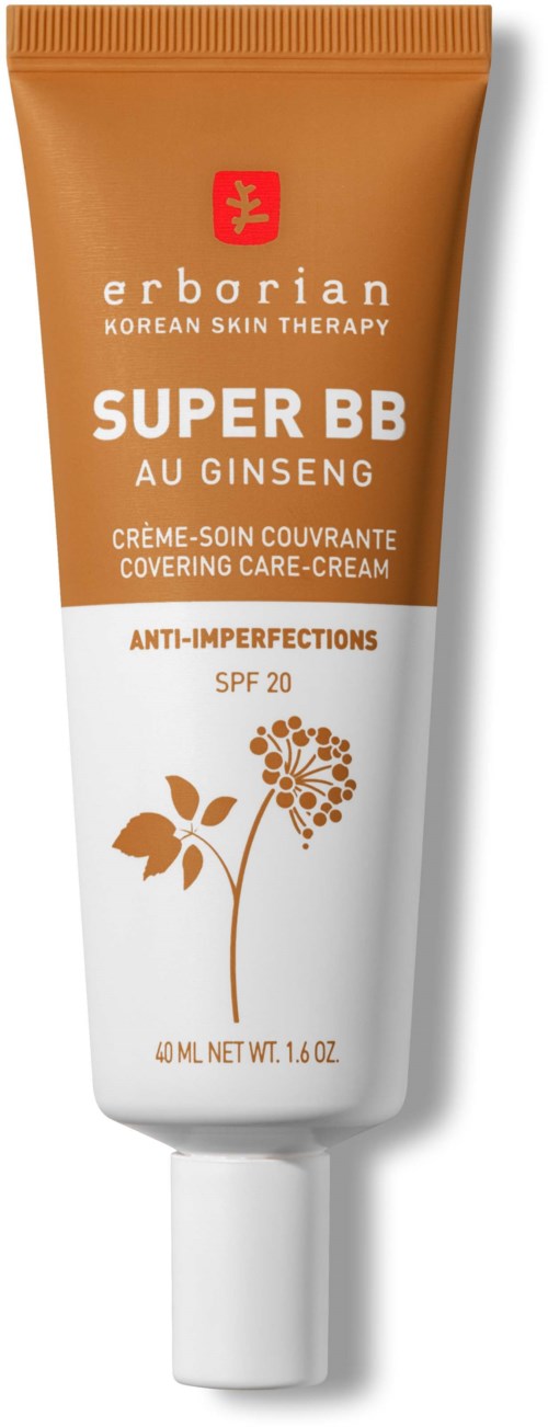 A tube of Erborian Super BB cream with ginseng, SPF 20, for coverage and protection, in brown and white packaging.