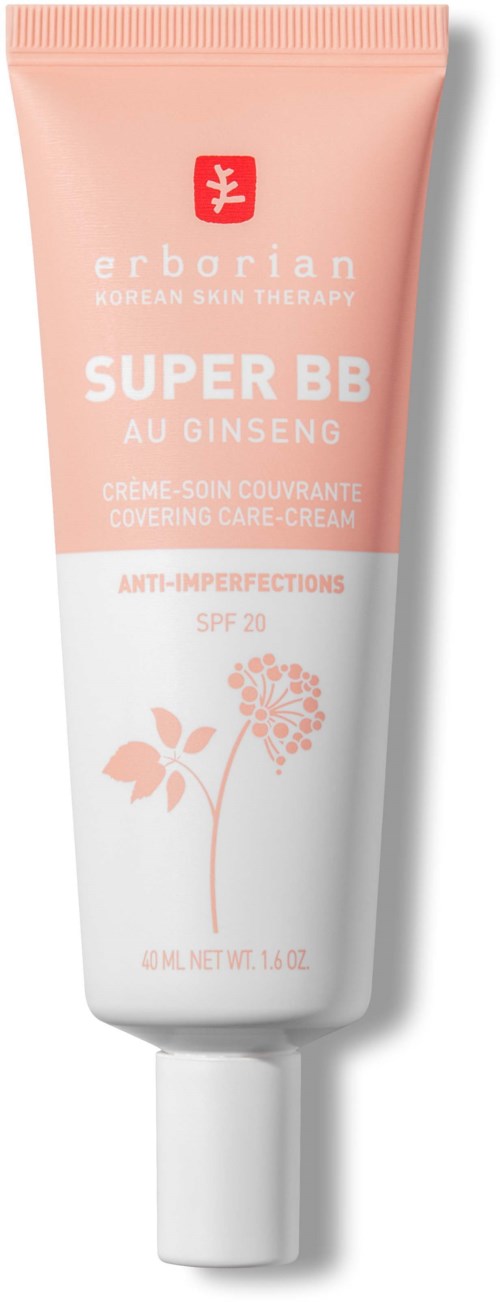 Pink tube of Erborian Super BB cream with Ginseng, SPF 20, anti-imperfections, and a floral illustration.