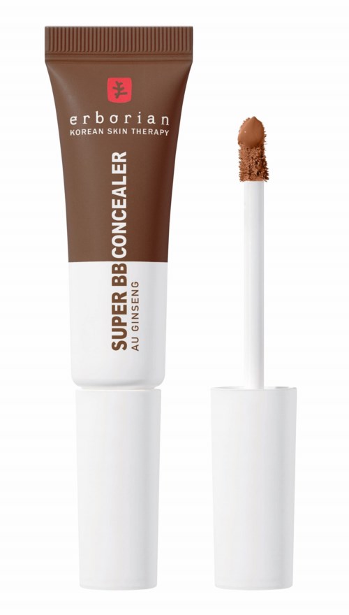 Eine Tube Erborian Super BB Concealer mit Applikator und brauner-weißer Verpackung.