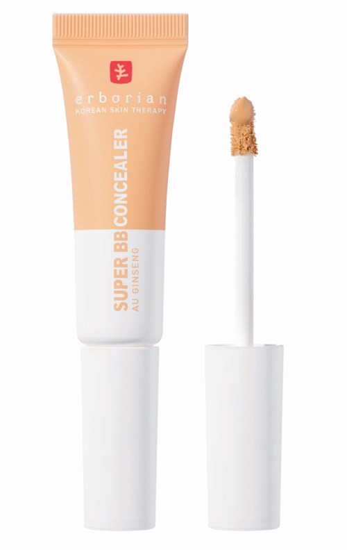 Eine beigefarbene Tube von Erborian Super BB Concealer mit weißem Deckel und Applikator, der das Produkt zeigt.