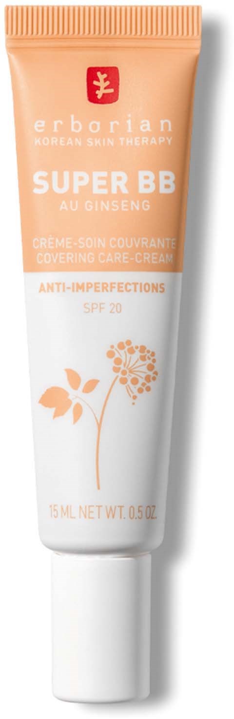 Pieni beige ja valkoinen ihonhoitovoideputeli, jossa on punainen logo ja oranssi kukkakuva, merkitty 'Super BB' ja SPF 20.
