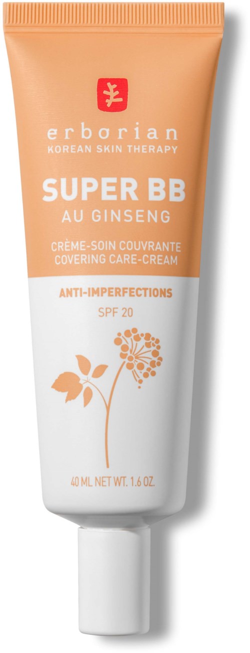 A tube of Erborian Super BB cream with ginseng, SPF 20, designed for covering imperfections and skin care.