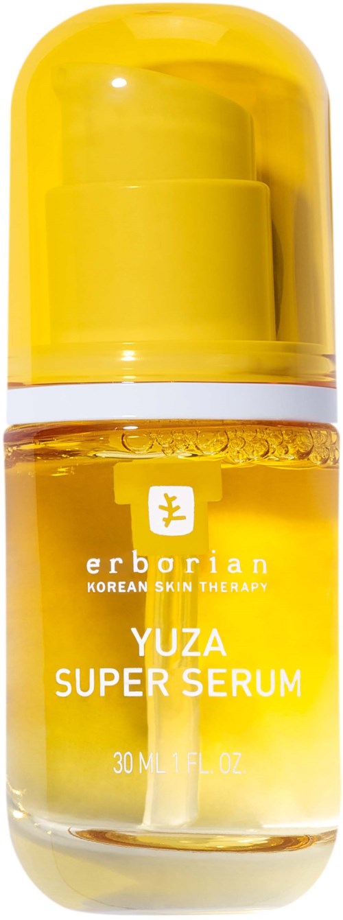 Kleine gelbe Flasche mit Pumpe, beschriftet 'Yuza Super Serum' von Erborian, für koreanische Hautbehandlung.