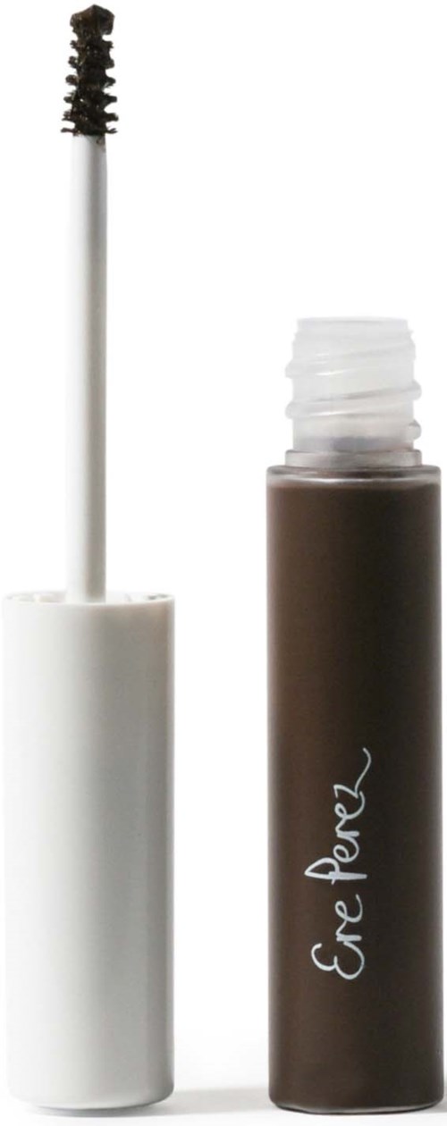 Een witte mascara kwast met een zwart borsteltje op een deksel, naast een kleine bruine container met 'Eve Pearl' geschreven.