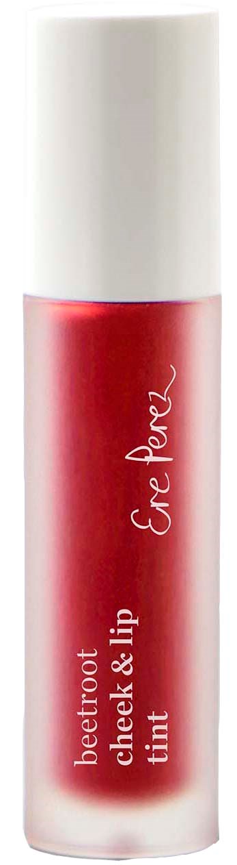 Een rode lip tint in een kleine witte tube met een witte dop, gemarkeerd "Beetroot Cheek & Lip Tint."