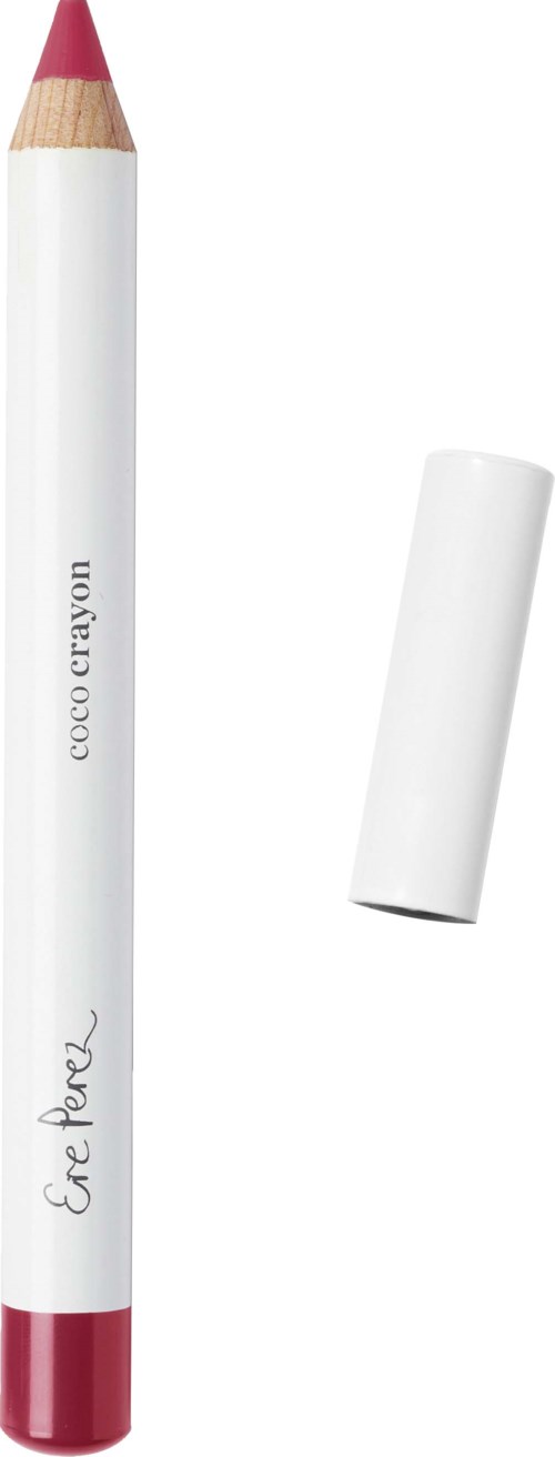 A white pencil with a pink tip and a red bottom, labeled 'coco crayon' and 'The Pearl', with a white cap nearby.