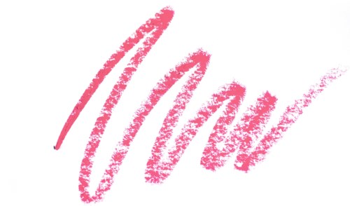 A pink, crayon-like writing on white background with black borders, spelling out a word.