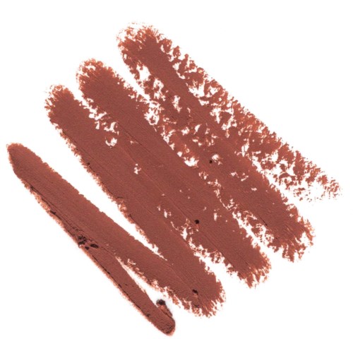 Drie bruinachtige lippenstiftstrepen op een witte achtergrond, elk met een andere grootte en textuur.