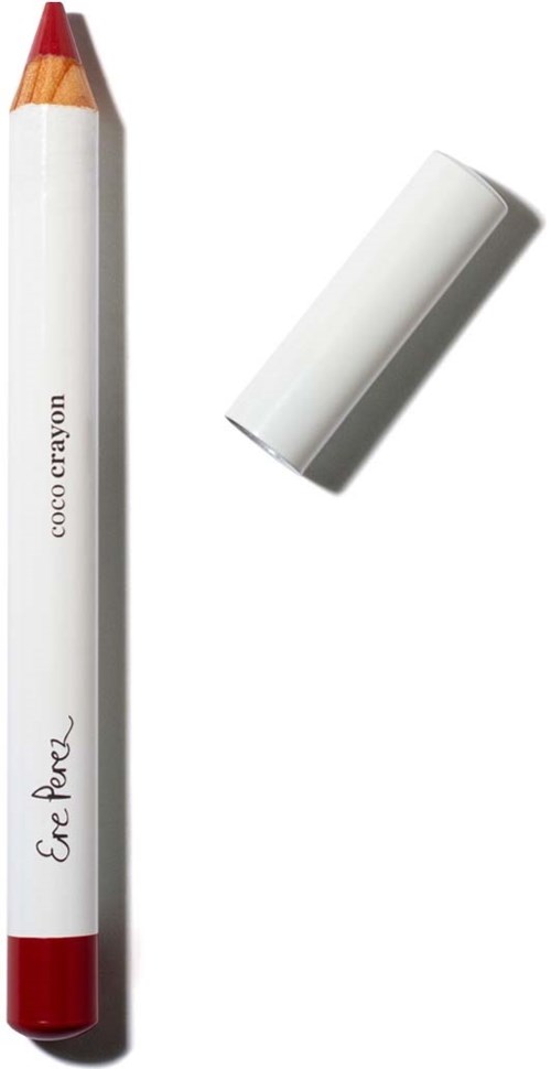 A makeup crayon with red lipstick color, white body, and a red tip, next to a white cap. The crayon is labeled.