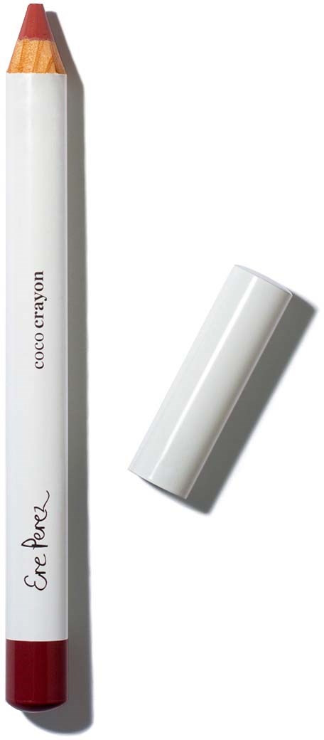 A white crayon with a red bottom, cap off, and the name 'Eve Pearl' on it. It is called 'coco crayon.'