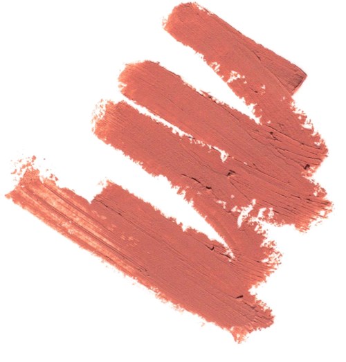 Three wide brush strokes of pinkish makeup or paint on a white background.