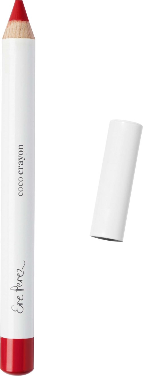 En vit krita med röd tip och botten, och orden "eco crayon" och "Eve Pearl" skrivna på den.