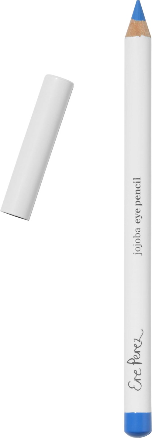 En vit penna med blå spets och orden "jobea eye pencil" på, med en vit lock.