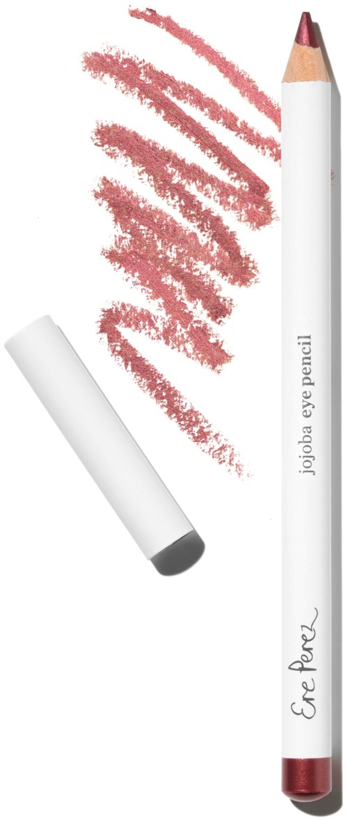A white eye pencil with a red tip and cap, labeled 'JoJoba eye pencil,' shows swirls of red eye makeup.