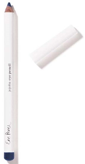 En vit penna märkt 'jolika eye pencil' med en blå spets och en vit rengöringsskugg.