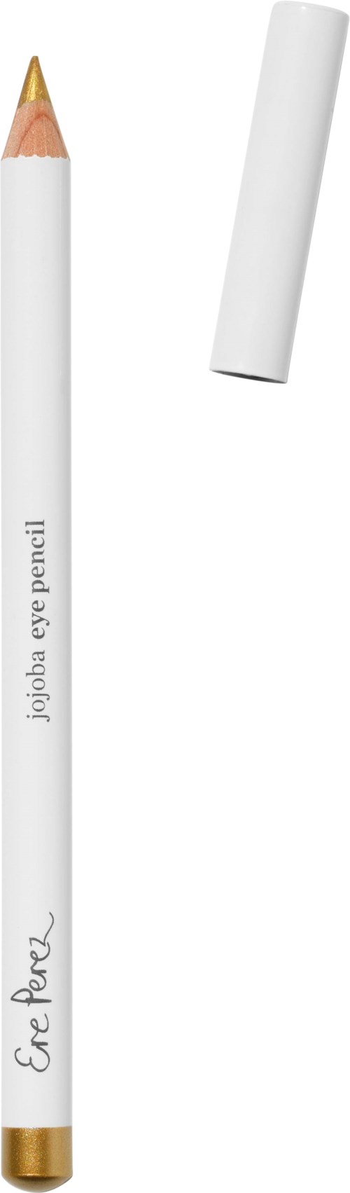 En vit ögonpenna med guldspets, märkt 'jolipa eye pencil' och ett löstagbart lock.