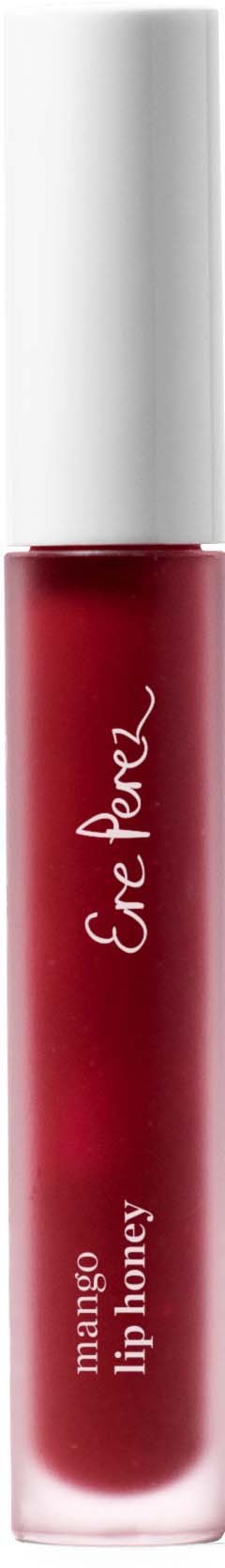 Lipgloss in een tube met een witte dop en rode vloeistof, gelabeld 'mango lip honey'.