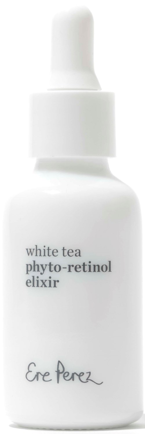 Een witte fles met druppelkap, gelabeld 'white tea phyto-retinol elixir' door Ere Perez.