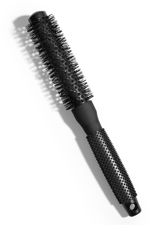 Ein schwarzes Haarstylinggerät mit zylindrischer Form und verschiedenen texturierten Abschnitten zum Locken oder Stylen der Haare.