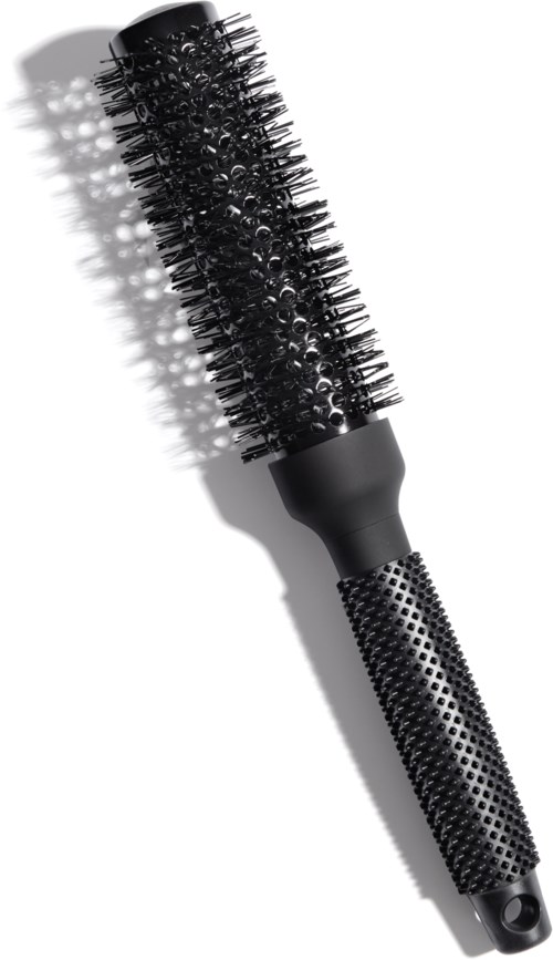 Eine schwarze runde Haarbürste mit Griff, langer Zylinder mit Borsten und rutschfester Oberfläche.
