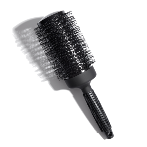 Eine schwarze runde Haarbürste mit Griff und vielen Borsten, zum Styling der Haare.