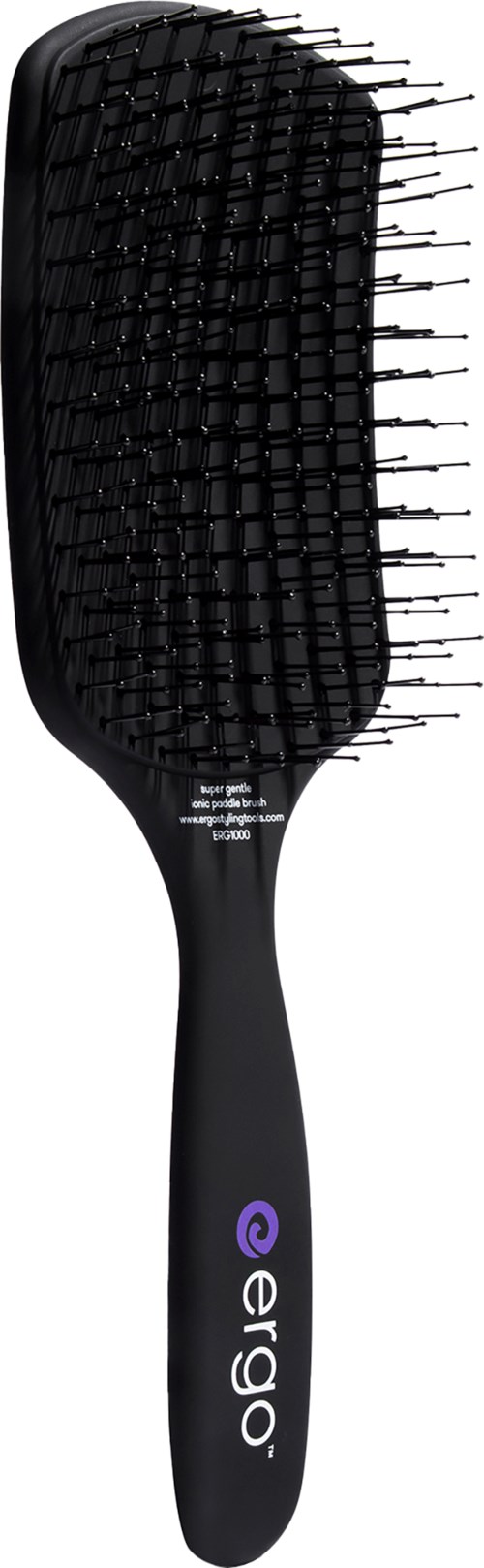 Eine schwarze Haarbürste mit breiten Zinken, abgerundeten Kanten und Griff mit 'ergo'-Markierung.