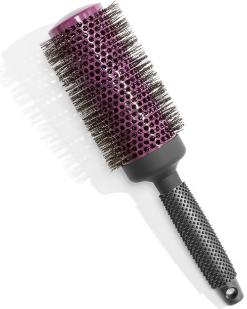 Eine runde Haarbürste mit lila und schwarzem Design, mit Löchern und einem strukturierten Griff.