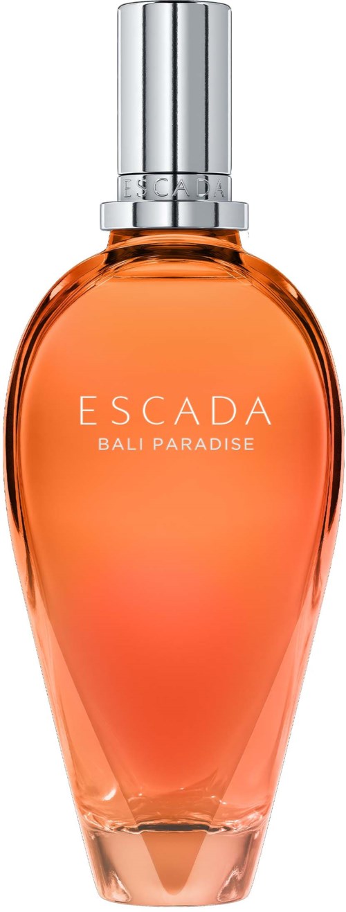 Een parfumfles met zilveren dop, oranje vloeistof, en de tekst "ESCADA BALI PARADISE" erop.