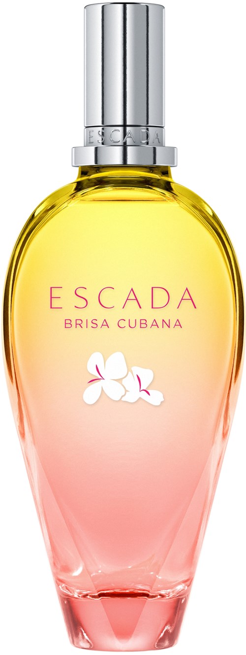 En parfyllflaska med rosa och gula gradientfärger, en silverkork och etiketten 'ESCADA BRISA CUBANA' med en blomdesign.