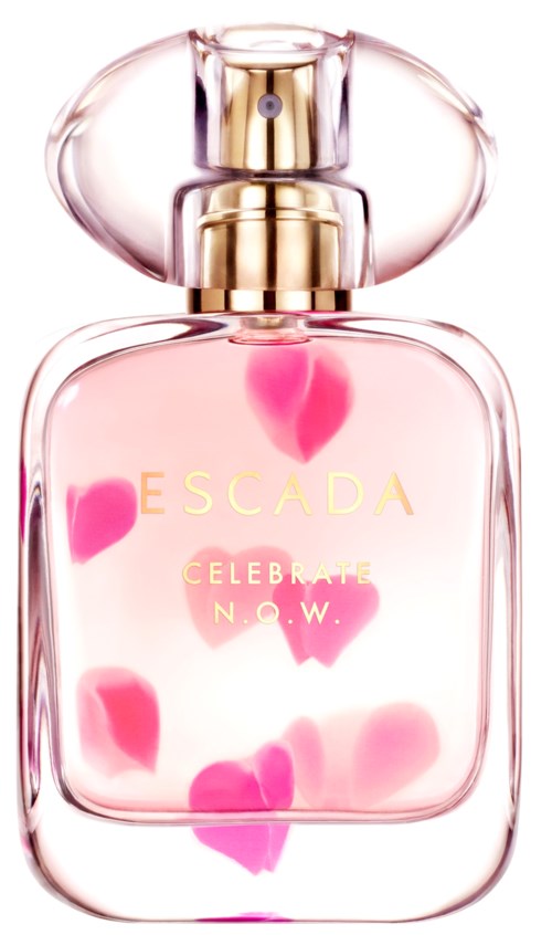 Een parfumfles met roze hartjes binnenin, gouden spraydop en de tekst 'ESCADA CELEBRATE N.O.W.' op de voorkant.