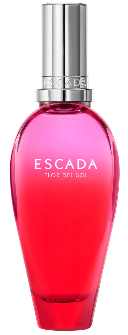 En rosa parfyllfärgad flaska med en silverlock, märkt 'ESCADA FLORE DEL SOL' på framsidan.
