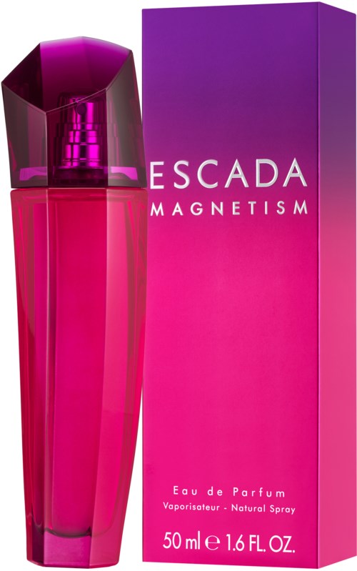En rosa parfymflaska med lila lock bredvid en lång rosa förpackning märkt ESCADA MAGNETISM.