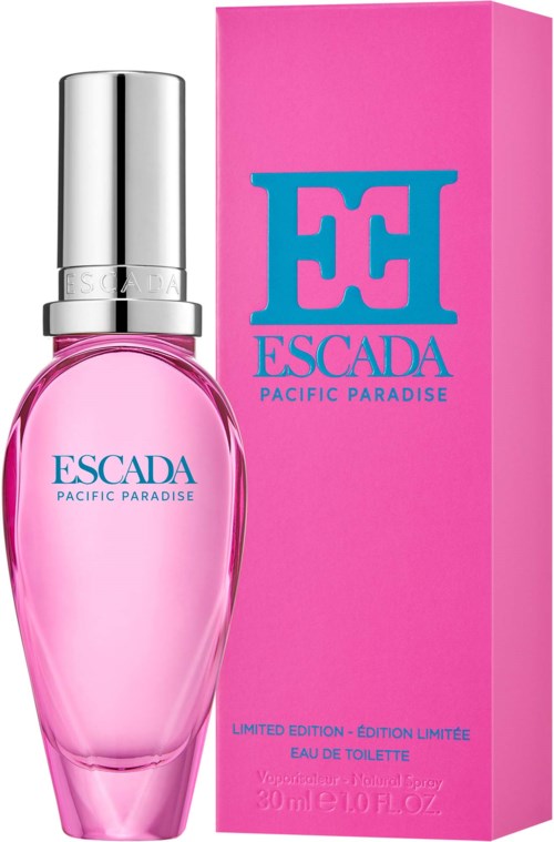 Roze parfumfles met zilveren dop en roze doos met blauwe tekst ESCADA Pacific Paradise.