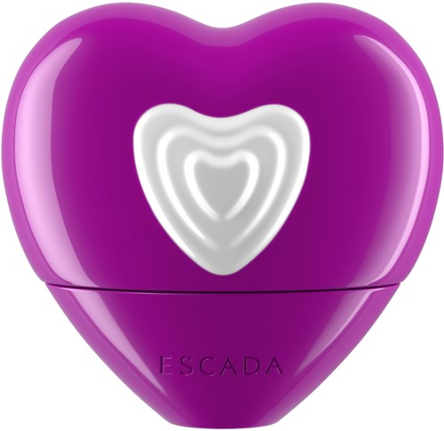 En lila hjärtformad ask med en vit hjärtform i mitten och ordet "ESCADA" längst ner.